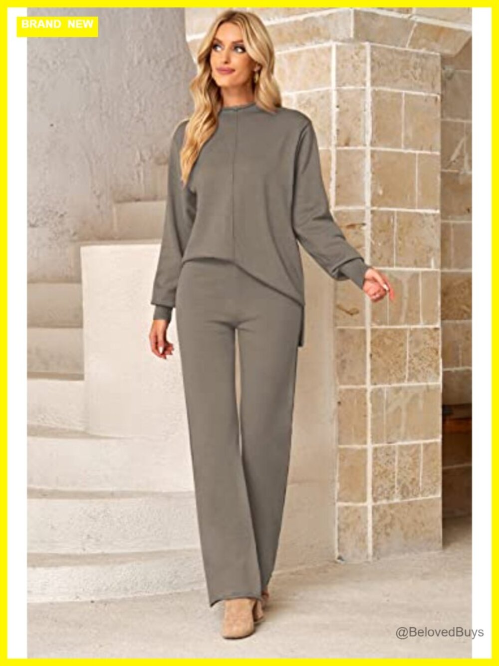 2 Piece Sweater Set High Neck Top Wide Leg Pants Loungewear - Picture 6 of 7